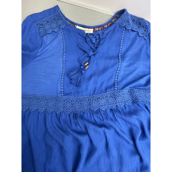 Farmers Market Women's Blouse Petite Medium 100% Rayon Lace V-Neck Boho Blue - Picture 5 of 13